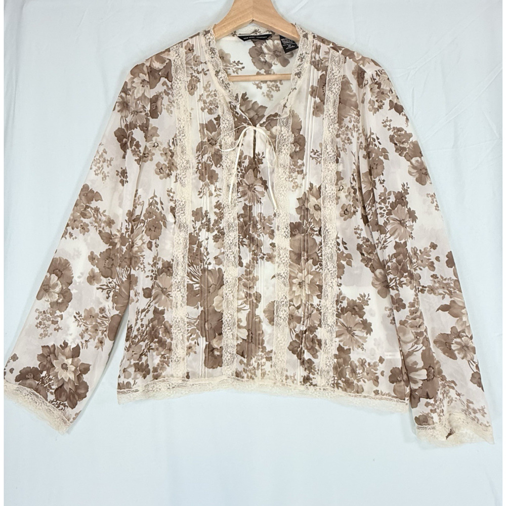 Lacy SemiSheer Brown Floral Blouse WOMENS SIZE MEDIUM Lace Festival Beaded NY&CO